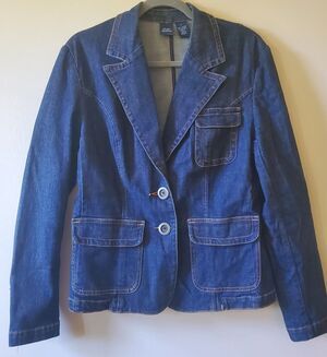 VTG HIGH SIERRA DENIM Stretch Blazer Jacket Sz Large Back Slit 2 Metal Button